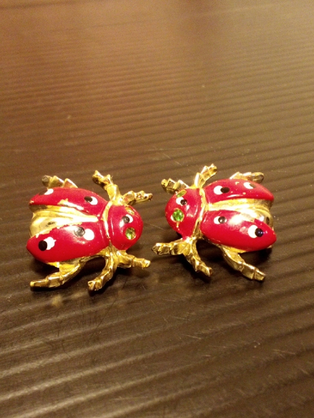 Gold-Tone Red Ladybug Brooches with Green Accents